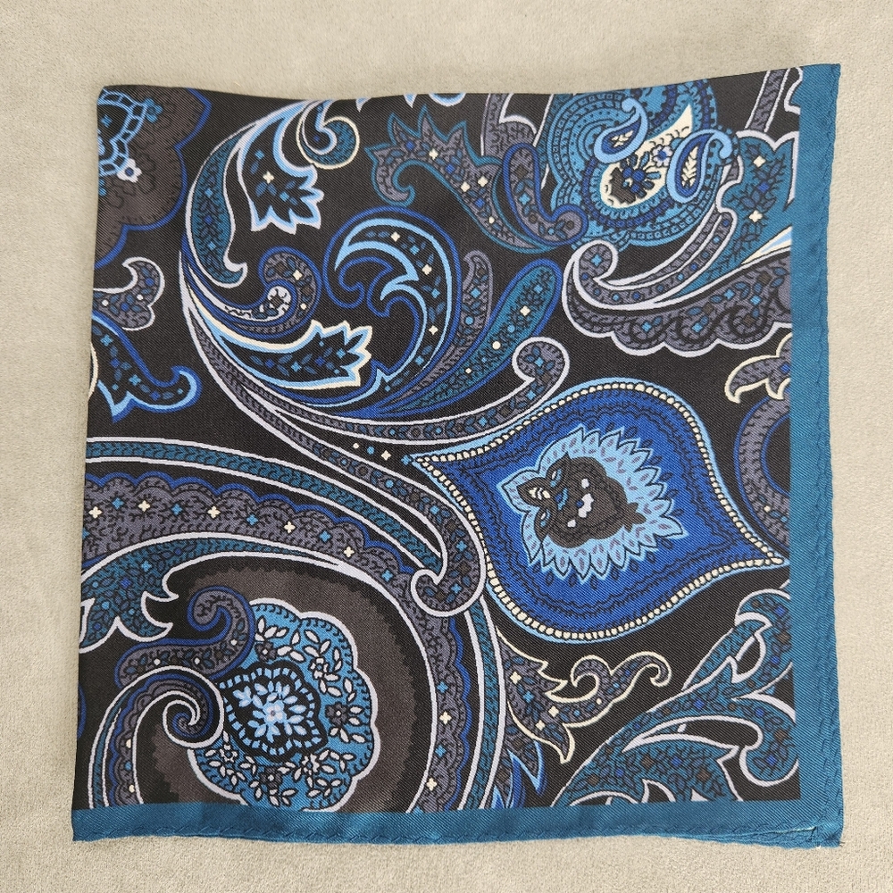 Cremieux Pocket Square Blue Black Paisley 100% Silk Pochette Formal New $35